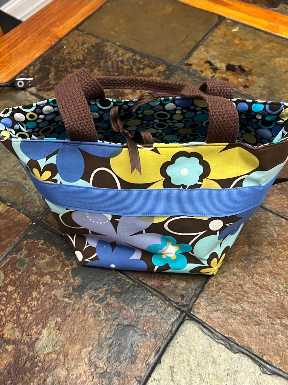 Floral Canvas Tote Bag in Blue, Brown & Yellow